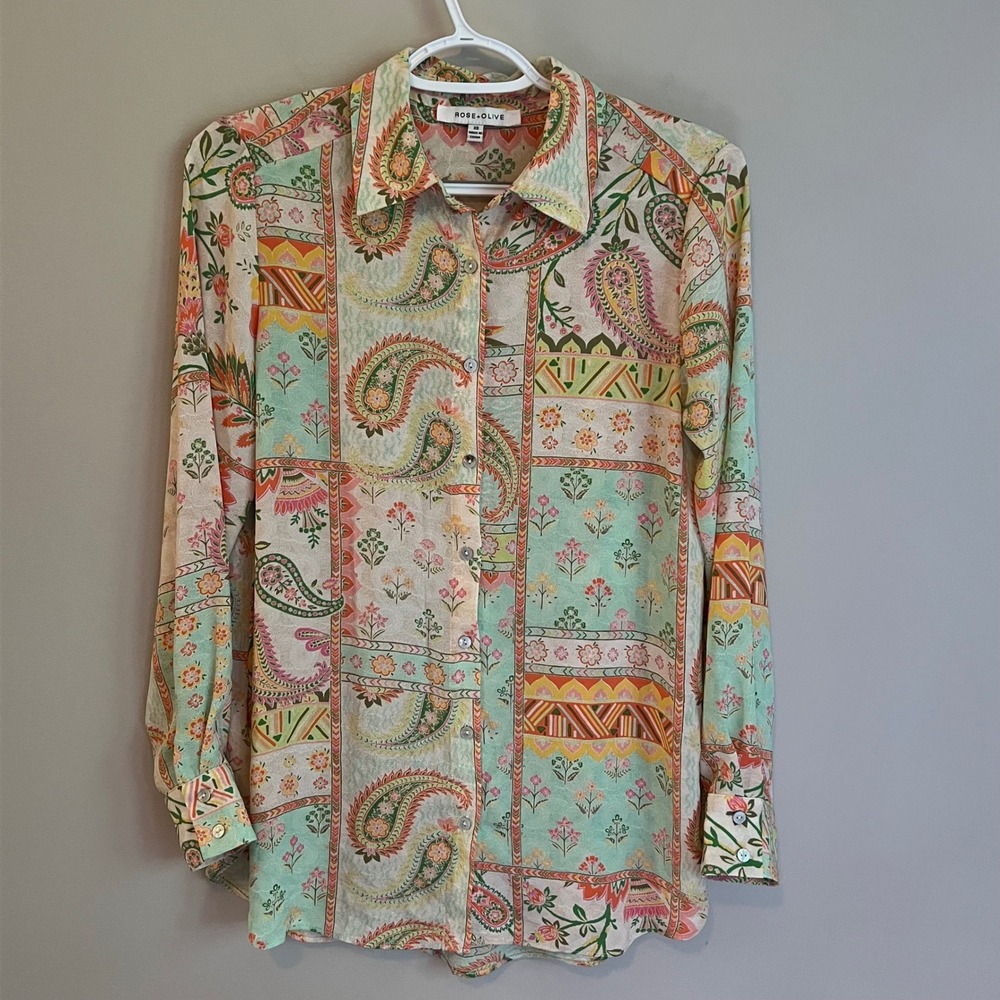 Rose + Olive XS Paisley Boho Floral Patchwork Button Down Collar Multicolor